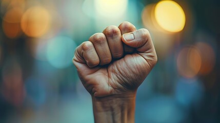 Raised fist in focus with blurred lights in the background - obrazy, fototapety, plakaty