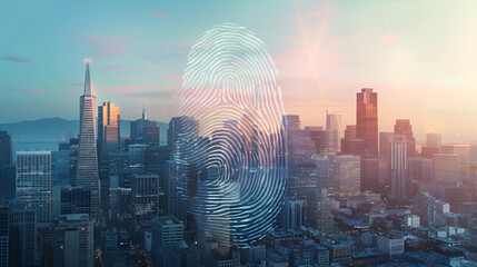 Multi exposure of virtual fingerprint scan interface on San Francisco office buildings background - obrazy, fototapety, plakaty