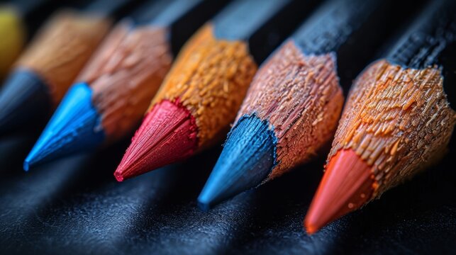 Close-up of colored pencils on a dark background
