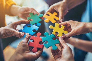 Hands of diverse people holding colorful puzzle pieces together, symbolizing unity and teamwork in problem-solving - obrazy, fototapety, plakaty