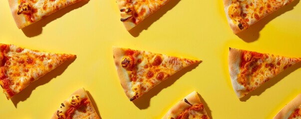 Slices of cheese pizza on a yellow background