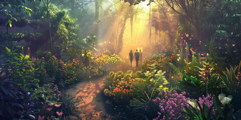 sunrise in the forest, A image of people taking an evening stroll in a botanical garden, surrounded by lush foliage, flowers, and winding pathways - obrazy, fototapety, plakaty