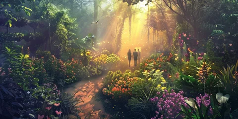 Kussenhoes sunrise in the forest, A image of people taking an evening stroll in a botanical garden, surrounded by lush foliage, flowers, and winding pathways © Waris
