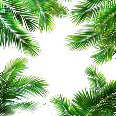Tropical frame with exotic jungle palm plants, palm leaves, and empty space for text, copy space transparent background. PNG, cutout, or clipping path.
