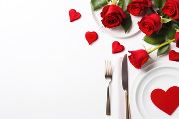 Fototapeta na wymiar Romantic table setting for Valentine's Day with red roses, heart decorations, and elegant tableware.
