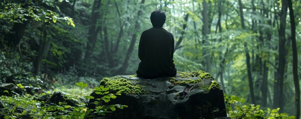 Person meditating on a mossy rock in the forest