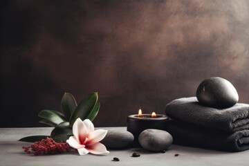 A tranquil spa setting with black stones, a lit candle, towels, and a delicate flower on a serene background. Spa Concept with Stones, Candles, and Flower