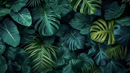 The jungle with dark coloured leaves, exotic atmosphere. Tropical leaves background. - obrazy, fototapety, plakaty