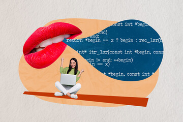 Creative collage of young frontend programmer woman netbook celebrate first working code...