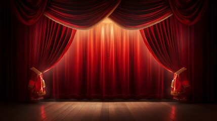 Stage in a theatre. Theater red velvet curtains.