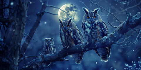 A image of mysterious owls perched on tree branches in the moonlight, their piercing eyes glowing...