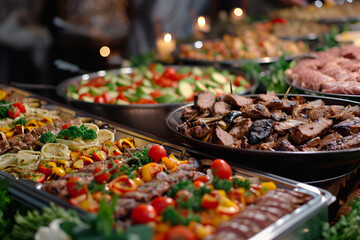 Buffet in cafe, restaurant in resort hotel. Delicious and healthy food. Trays full of tasty meat and tomatoes. Smorgasbord, catering consept. AI Generative - obrazy, fototapety, plakaty