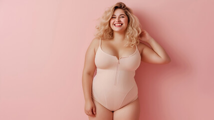 Body positivity, happy smiling plus size model blonde in flesh color underwear on pink background, copy space for text. Generative AI