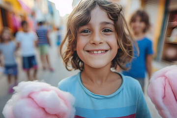 Happy Cute preschool children holding fluffy pink delicious cotton candy outdoor. AI Generative. Children's joys and treats advertising