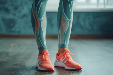 Pumped up, muscular female legs in sneakers and leggings with muscles. Advertising of leggings or gym. Generative AI - obrazy, fototapety, plakaty