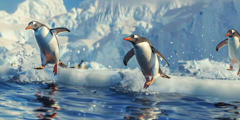 A image of playful penguins sliding on icy slopes or diving into the freezing waters of Antarctica