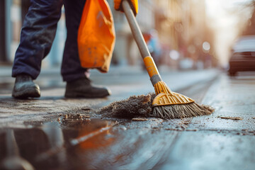 Janitor sweeps dirty garbage and leaves on city street with broom. AI Generative