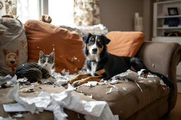 Guilty funny puppy, dog and kitten cat trashed room, shredded pillow and paper, mess living room. Generative AI
