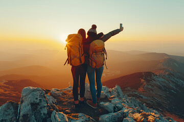 Two woman in hiking clothes with backpack watch sunrise or sunset at top of mountain and takes elfie. Tourism, freedom, trips. Natural landscape. Generative AI