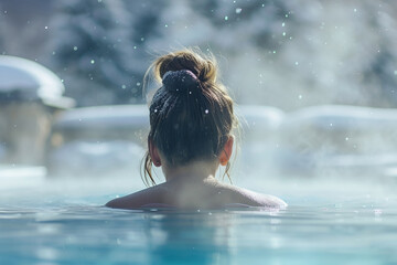 Beautiful woman swim in thermal spring bathes in water with steam, in winter. Snowy forest around. AI Generative