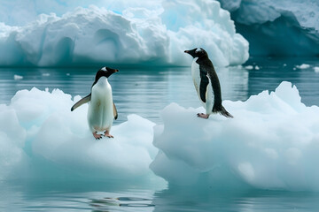 Antarctic penguins on melted snow. Melting glaciers, global warming. Environmental Problem, Climate Change. Generative AI