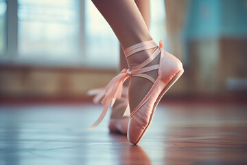Legs of ballerina girl in cute pink pointe shoes in dance class. Lesson, ballet rehearsal. AI Generative