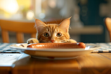 Cute funny outbred mongrel cat sits at table in front of plate with sausage and licks his mouth. Generative AI