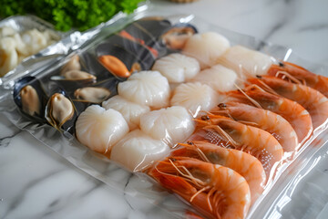 Vacuum sealer bags with different seafood delicacies: shrimp, scallops, mussels on dark background. Freezing healthy food products with degasser. Generative AI