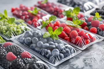 Vacuum sealer bags with different fresh berries: raspberries, blueberries, blackberries, mint. Freezing healthy food products with degasser. Generative AI
