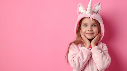 Cute smiling beautiful kid girl in unicorn costume on pink background. Copy space for text, banner. AI Generative