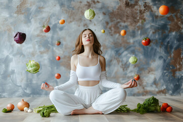 Vegan nutritionist woman in white dress with various fresh juice vegetables around. Concept of proper nutrition, vegetarianism. AI Generative