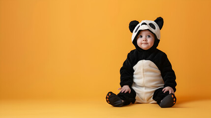 Cute smiling baby todler in a panda costume on a yellow background. Copy space for text, banner. AI Generative