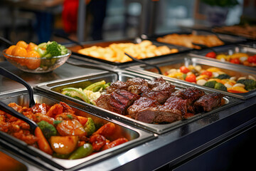 Buffet in cafe, restaurant in resort hotel. Delicious and healthy food. Trays full of tasty meat and broccoli. Smorgasbord, catering consept. AI Generative