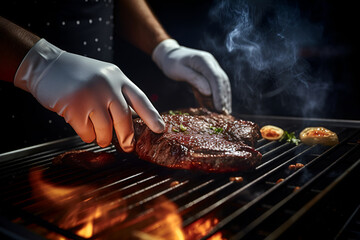 Male hands of chef wearing gloves, cooking steaks on grill with spices, in  restaurant. AI Generative. Close up