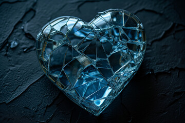 Broken glass heart with thorns on black background. Unrequited love, separation concept. AI Generative. 3d rendering. Pain and suffering from relationships.