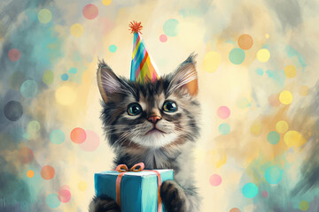 Drawn sketch of gray kitten cat holding gift box, confetti. Congratulations birthday card, copy space for text. Generative AI