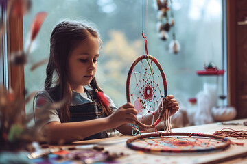 Little preschooler girl makes, weaves dream catcher in children's room. Hobby weaves decorations for house. Children's fine motor development and DIY craft. Generative AI