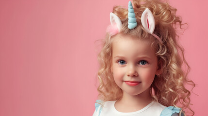 Cute smiling beautiful kid girl, curly blonde in unicorn costume on pink background. Copy space for text, banner. AI Generative
