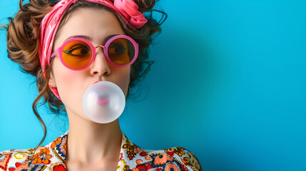 Beauty young woman model, with bright red lips, sunglasses and bubble gum on blue background. Fashion photo shooting for advertising decorative cosmetics. Copy space for text, banner. Generative AI