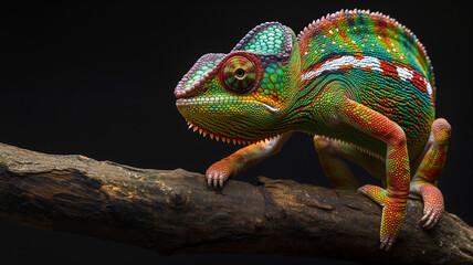 Obraz premium Colorful chameleon mainly in green, Chameleon on a thick tree branch
