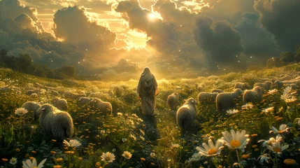 Deurstickers Beautiful landscape with sheep © senadesign