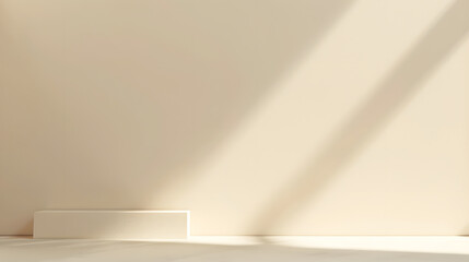 White background with light shining on the wall, empty space for product presentation mockup. Beige...