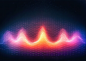 abstract colorful sound wave with particles on dark background, vector illustration