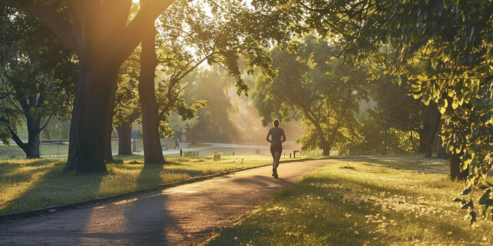 walk in the park, A image of someone going for a morning jog in the park, with trees, paths, and the soft light of dawn creating a serene atmosphere