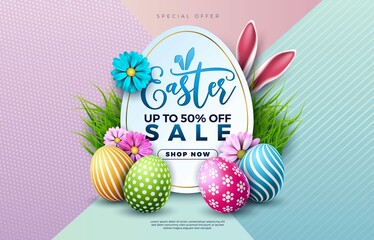 Easter Sale Illustration With Painted Egg Spring Flower Rabbit Ears Colorful Background