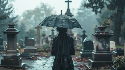 A young woman stands sadly in a cemetery under an umbrella in rainy weather. A young widow approaches the grave in the cemetery. Autumn colors, muted tones, a shot from the back, bokeh.