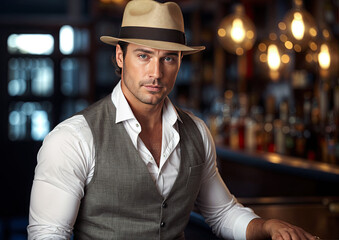 Portrait of a handsome man in a hat. Men's beauty, fashion.