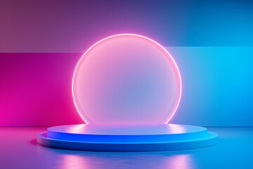 Vibrant pink and blue neon lighting on a round platform for product display.