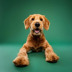 
Beautiful goldendoodle dog isolated on green background. looking at camera .front view.dog studio portrait.happy dog .dog isolated .puppy isolated .puppy closeup face,indoors.cute puppy isolated .