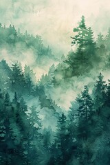 4K serene forest scene in watercolor, cool layered tones, tranquil and detailed